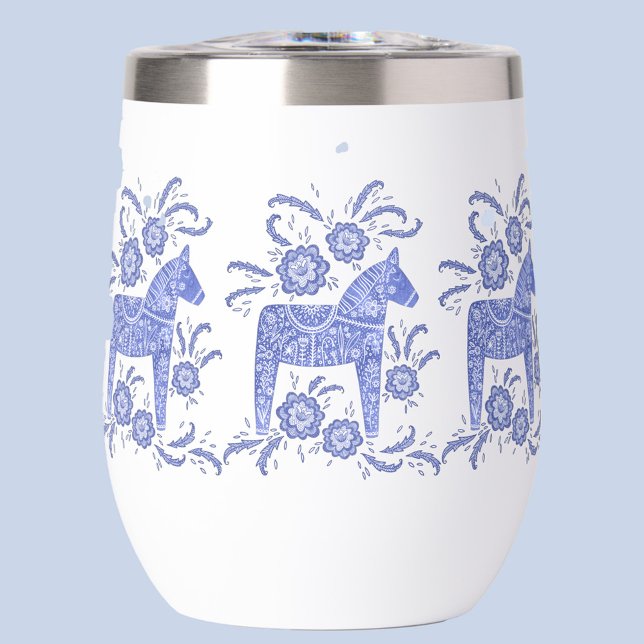 Caballo de dala sueco azul y blanco (Blue and white Swedish Dala Horse thermal wine glass)