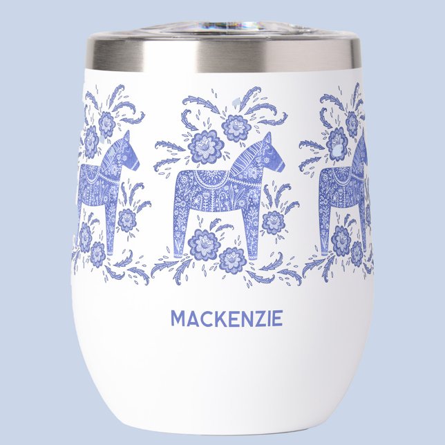 Caballo de dala sueco personalizado (Swedish Dala Horse blue and white personalized thermal wine tumbler)
