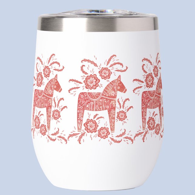 Caballo de dala sueco rojo y blanco (Red and white Swedish Dala horse Scandinavian folk art thermal wine tumbler)