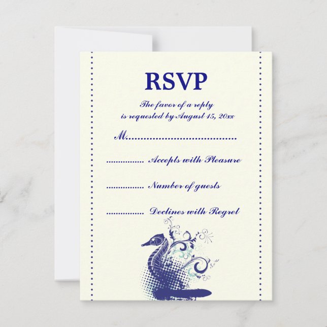 Caballo de mar azul marino con tarjeta RSVP de bod (Anverso)