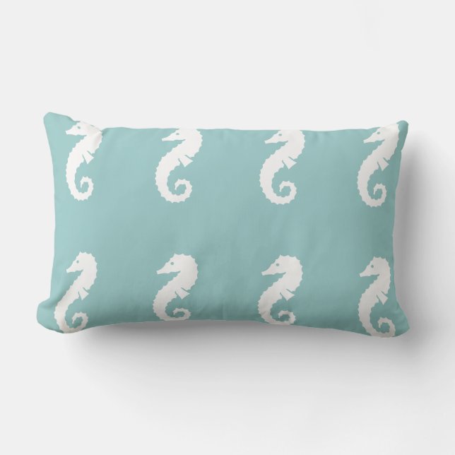 CABALLO DE MAR BLANCO sobre almohada azul (Anverso)