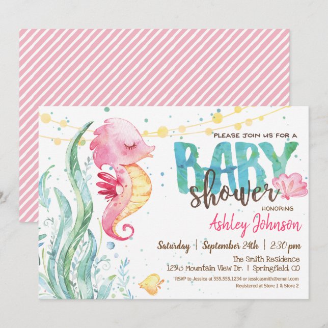 Caballo de mar, invitación Chica de Baby Shower (Anverso / Reverso)