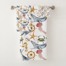 Caballo de mar, noria de buques, ballenas, cangrej