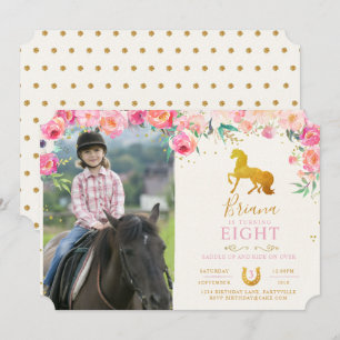 Caballo de oro con flores foto invitación al cumpl