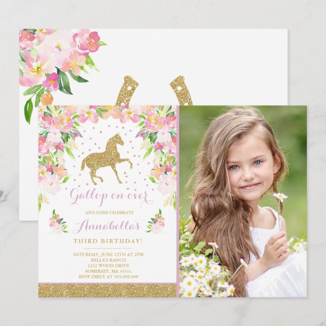 Caballo de oro rosa floral invitación a cumpleaños (Anverso / Reverso)