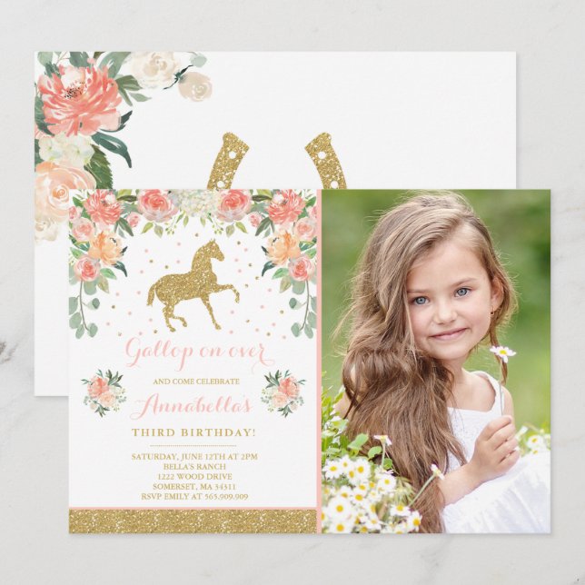 Caballo de oro rosado floral invitación de cumplea (Anverso / Reverso)