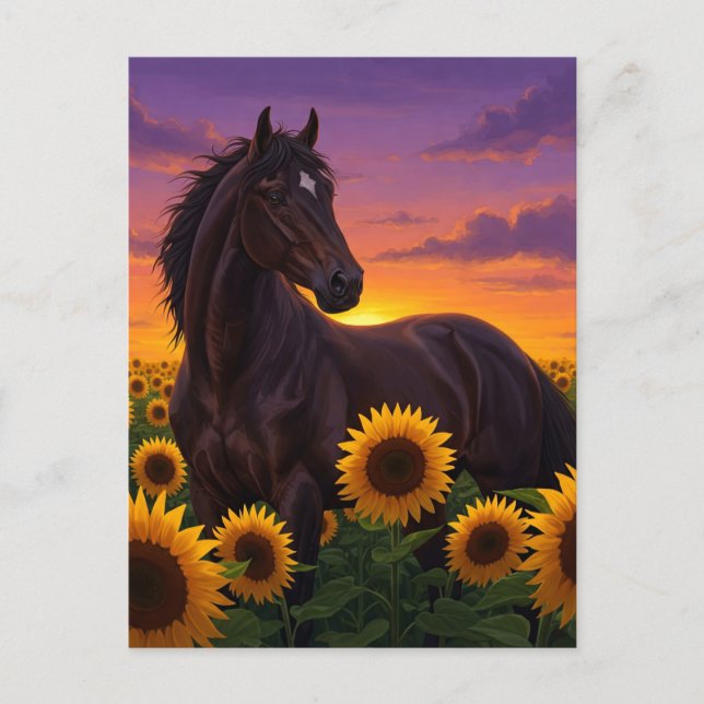 Caballo Girasol al Atardecer Tarjeta Postal de Art (Anverso)