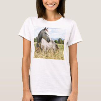 Caballo gris en camiseta de las damas de manga lar