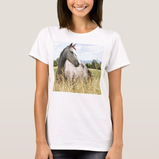 Caballo gris en camiseta de las damas de manga lar (Anverso)