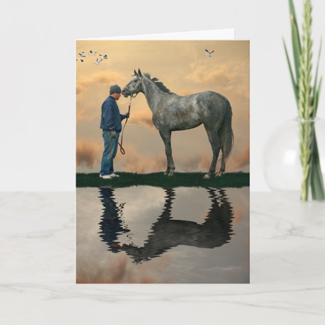 Caballo Gris Y Groom Gracias Tarjeta De Sitting Ma (Anverso)