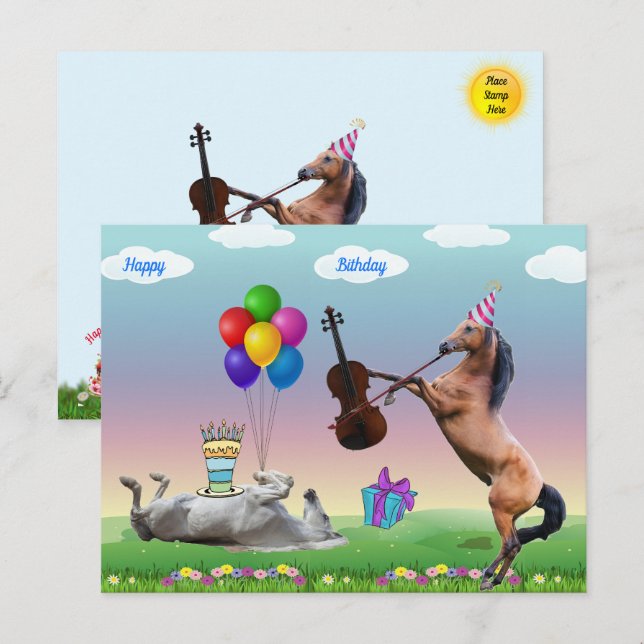 Caballo Jugando La Tarjeta De Cumpleaños Del Violi (Anverso / Reverso)