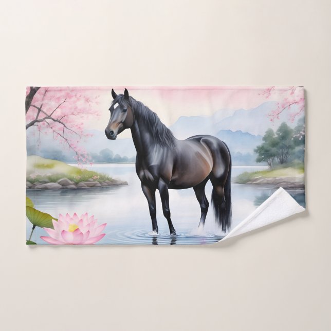 Caballo majestuoso y belleza del loto (Toalla de mano)