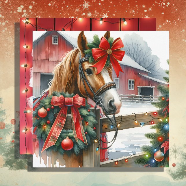 Caballo marrón bonito en Navidad con lazo rojo (Subido por el creador)
