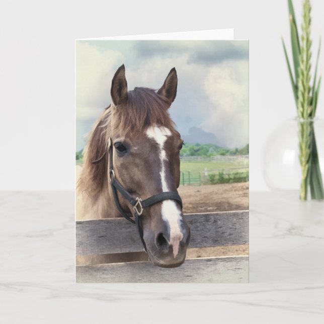 Caballo marrón con nota de brida o tarjeta de salu (Anverso)