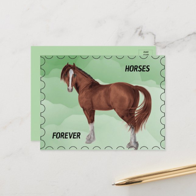Caballo marrón con tarjeta postal con estampado (Anverso/Reverso In Situ)