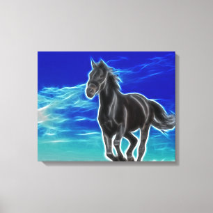 Caballo negro en lienzo envuelto en el viento