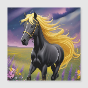 Caballo negro majestuoso con melena dorada fluida