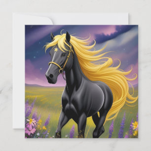 Caballo negro majestuoso con melena dorada fluida
