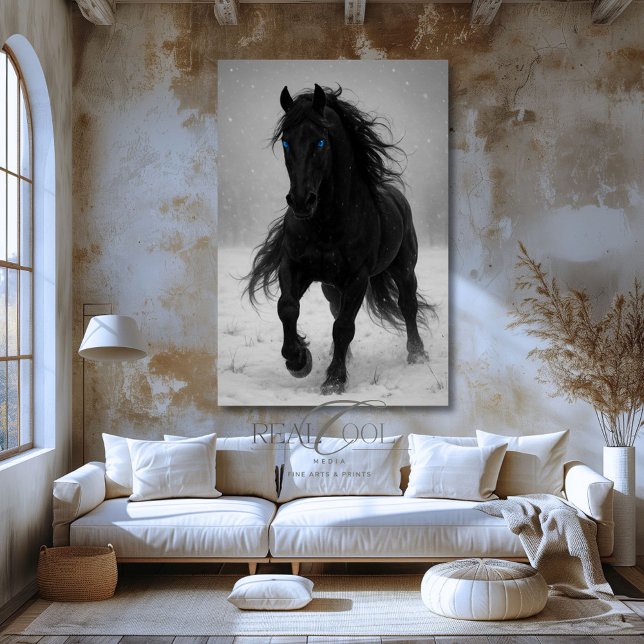 Caballo Occidental Arte del Caballo Negro Stallion (Black Stallion in Snow Western Horse Art Canvas Print)