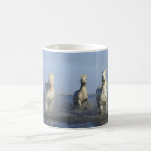 Caballos blancos en la playa con tazas de café oce