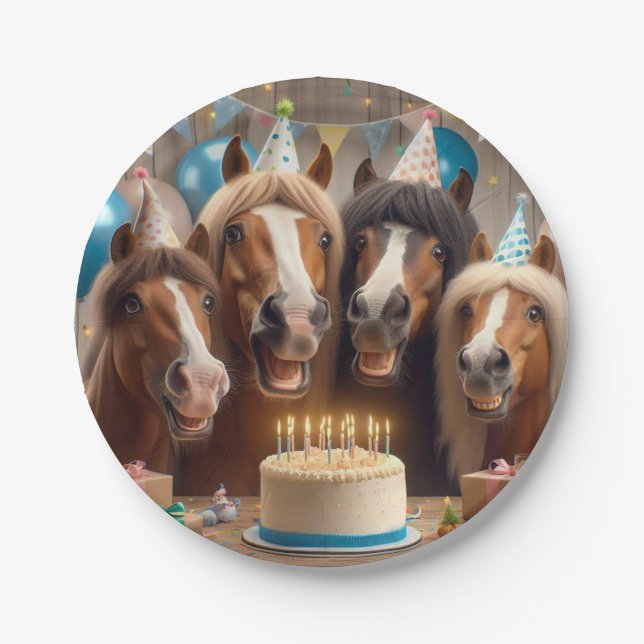 Caballos celebrando cumpleaños con pastel y plato  (Anverso)