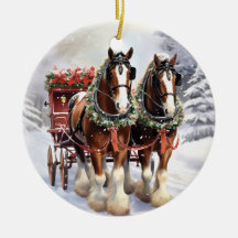 Caballos de Clydesdale en adorno navideño cerámico