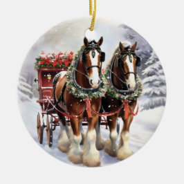Caballos de Clydesdale en adorno navideño cerámico