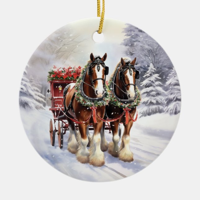 Caballos de Clydesdale en adorno navideño cerámico (Frente)