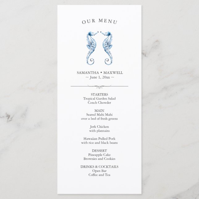 Caballos de mar de acuarela simple de Menus boda (Anverso)