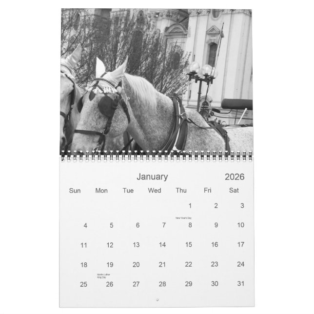 Caballos en el calendario grande NEGRO y BLANCO (Jan 2026)
