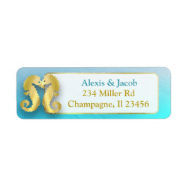 Caballos marinos Aqua Blue y Gold Besando Etiqueta