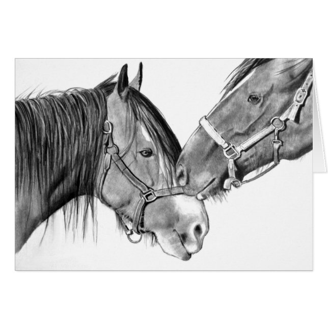 Caballos Nuzzling: Dibujo de lápiz original (Anverso (Horizontal))