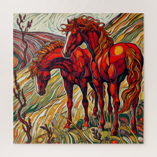 Caballos rojos en el rompecabezas de la montaña 60