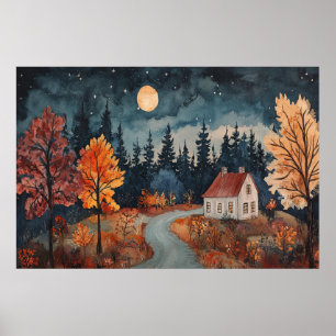 Cabaña acogedora de noche de otoño Acuarela Arte d