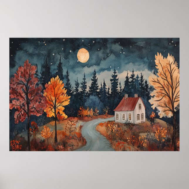 Cabaña acogedora de noche de otoño Acuarela Arte d (Frente)