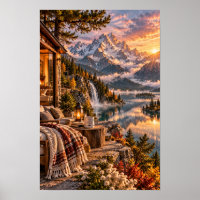 Cabaña Alpina Acogedora Arte de Pared Lago Atardec