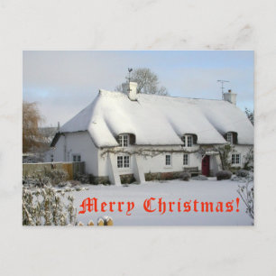 Cabaña con paja en Navidades de nieve postal