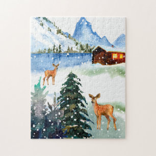 Cabaña de montaña en invierno con ciervos Puzzle