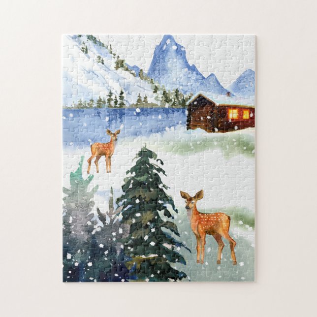 Cabaña de montaña en invierno con ciervos Puzzle (Vertical)