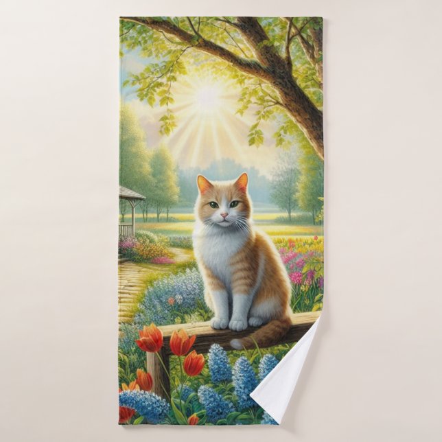 Cabaña de primavera/jardín y gato (Toalla de baño)