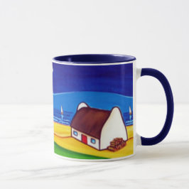 Cabaña irlandesa en la noche con la taza del