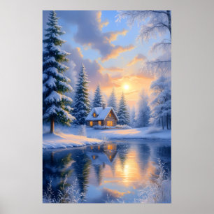 Cabaña mágica de puesta de sol invernal arte de la