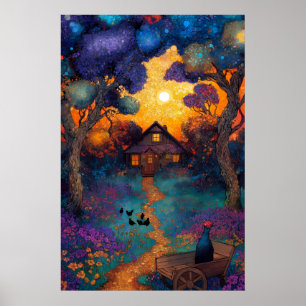 Cabaña Mágica del Bosque Atardecer Vibrante Arte d