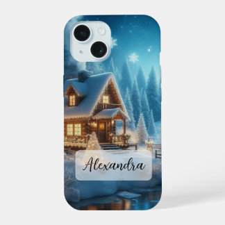 Cabaña nevada de invierno con río congelado