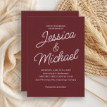 Cabernet Red Script Invitación moderna de estilo<br><div class="desc">Esta elegante invitación a la boda burdeos presenta un diseño minimalista con acentos románticos de escritura y un texto blanco nítido sobre un rico fondo de color rojo. El diseño clásico y refinado es perfecto para bodas en otoño o invierno, ceremonias de viñedos o cenas de negocios formales. Fácilmente personalizable...</div>