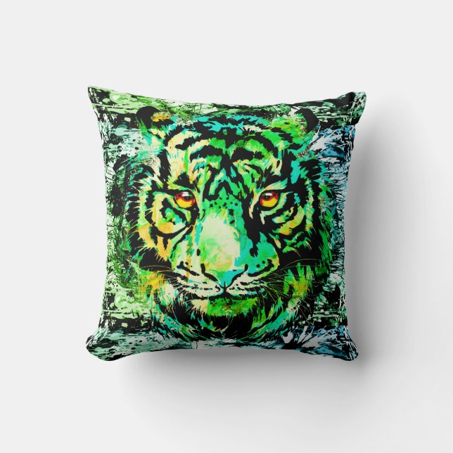 Cabeza de tigre verde | Cojín decorativo de dibujo (Anverso)