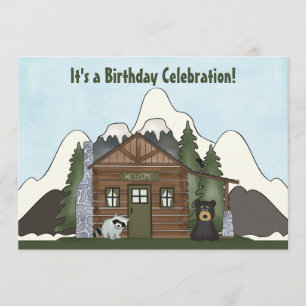 Cabina de montaña con invitación a cumpleaños del