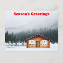Cabina de saludos de temporada en postal de nieve