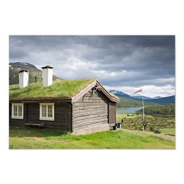 Cabina de troncos de techo de sod en Noruega foto  (Frente)