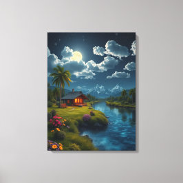 Cabina iluminada por la luna junto al río - Arte d